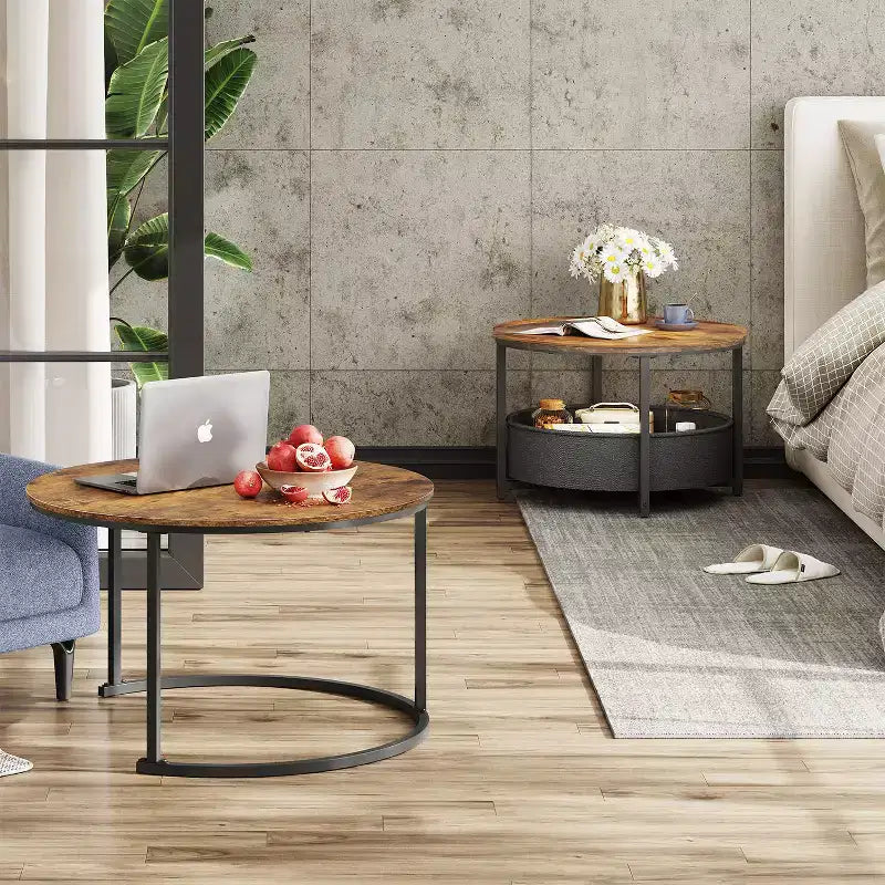 GALAXHERO Set of 2 Nesting Round Coffee Tables - 31.5 Center Tables with Storage & Metal Frame for Living Room/Apartment