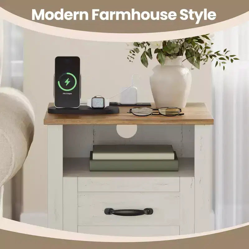 Set of 2 Farmhouse Nightstands with USB Charging - 2-Drawer Bedside Tables, Rustic Modern Design