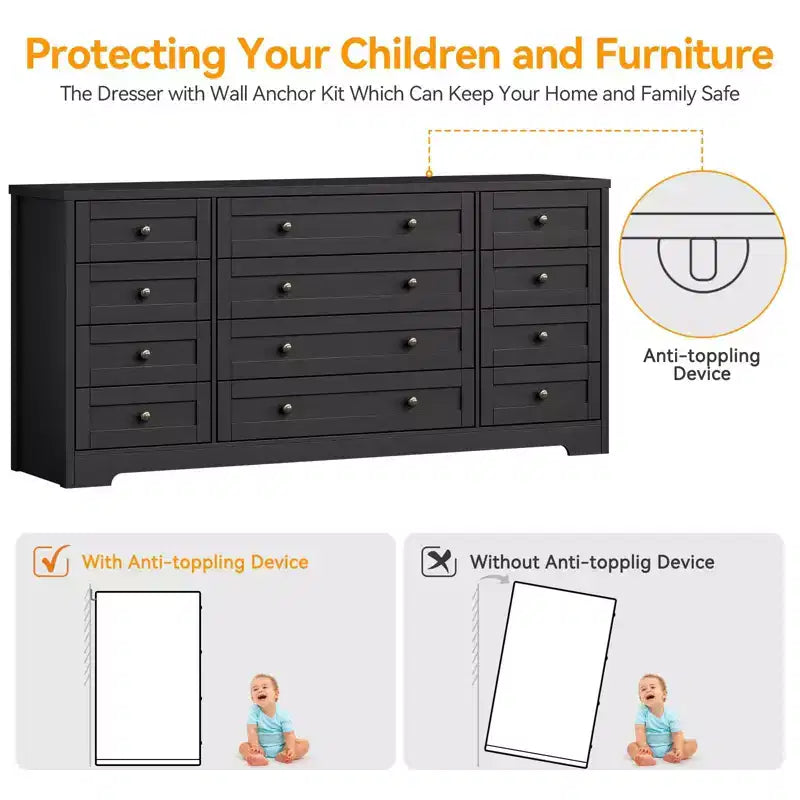 12 Drawers Dresser for Bedroom Wooden, Modern Wide TV Stand Dressers for 65 Inch TV, Wood Chest of Drawers, Farmhouse Clothes Storage for Living Room