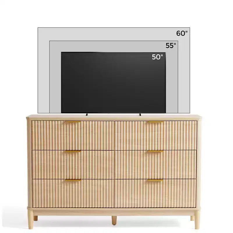 LINSY HOME Fluted 6 Drawer Dresser for Bedroom, Mid Century Modern Large Chest of Drawers with Gold Metal Handles, Wide Boho Wood Dressers