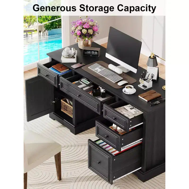 Dyonery 60 Farmhouse Executive Office Desk with Drawers and File Cabinet, Embossed Texture Wood Home Office Desk,Black/Brown/White and brown
