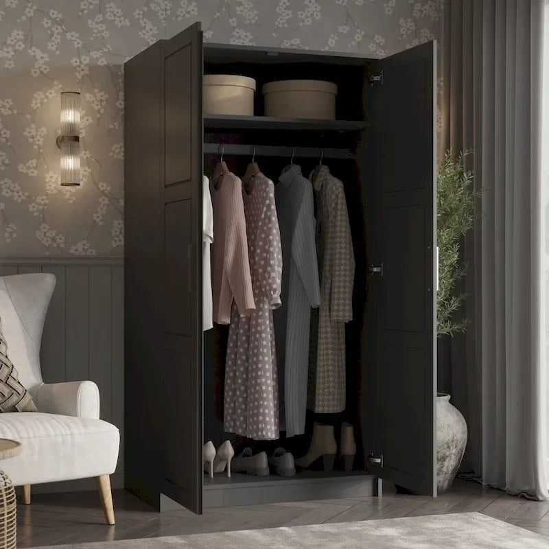 100% Solid Wood 2-Door Urban Wardrobe Armoire with Solid and Mirrored Doors