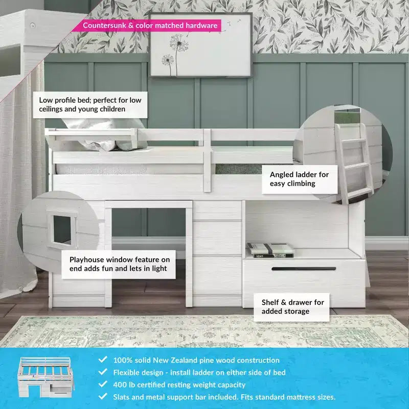 Max & Lily Modern Farmhouse Low Loft Bed with Storage Drawer, Solid Wood Bed for Kids