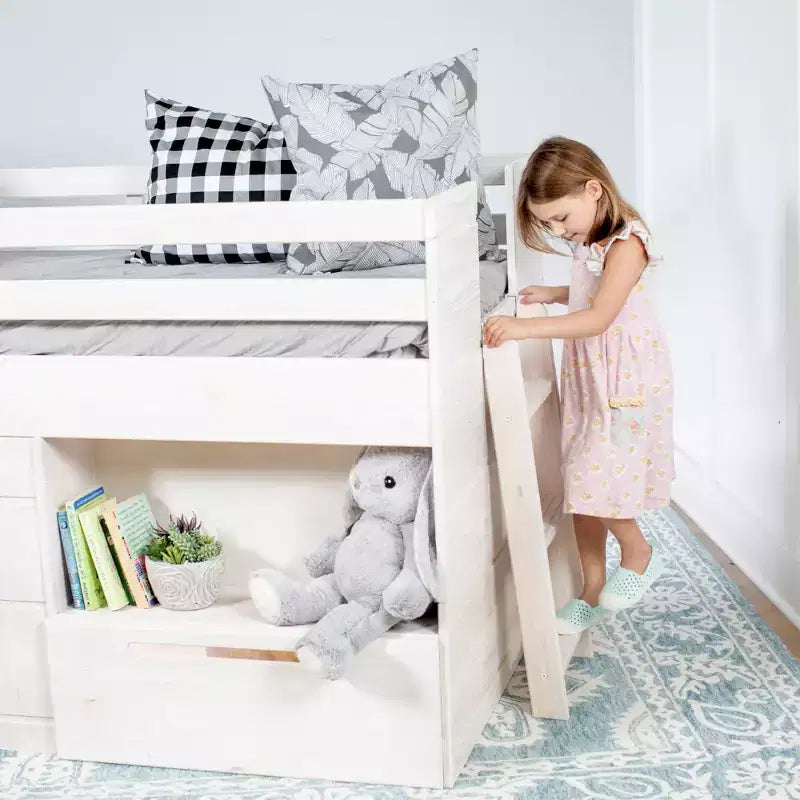 Max & Lily Modern Farmhouse Low Loft Bed with Storage Drawer, Solid Wood Bed for Kids