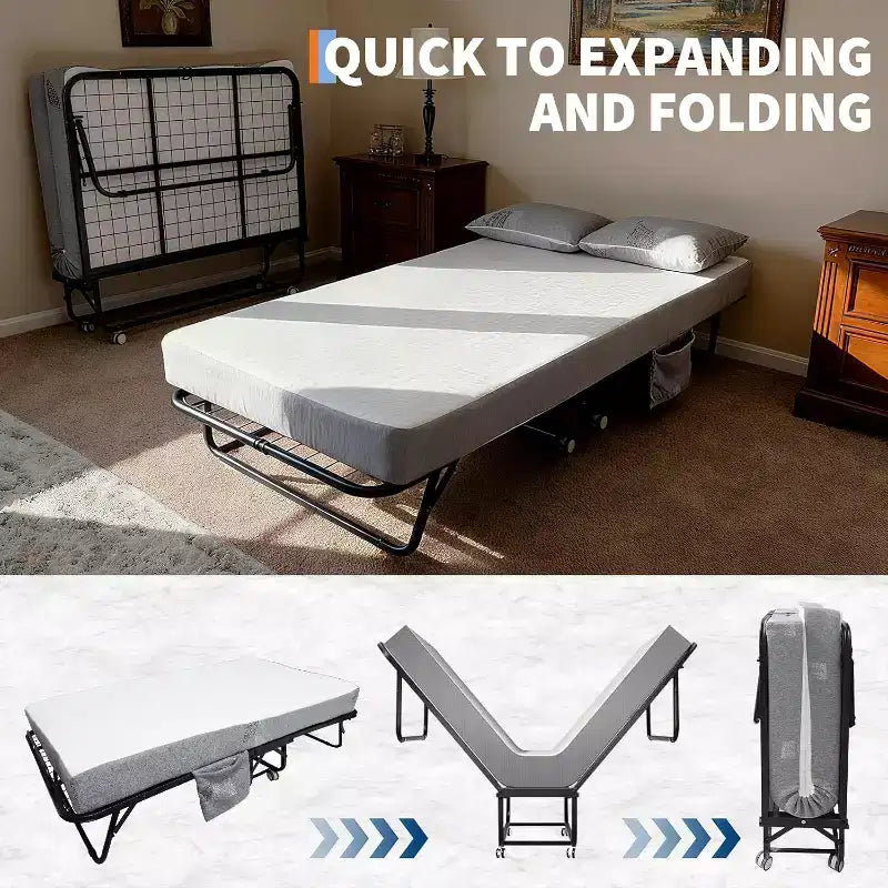 Lit pliant avec matelas pour adultes, lits d'appoint portables, lit pliant avec cadre en métal, matelas en mousse à mémoire de forme 5 et poche de rangement latérale