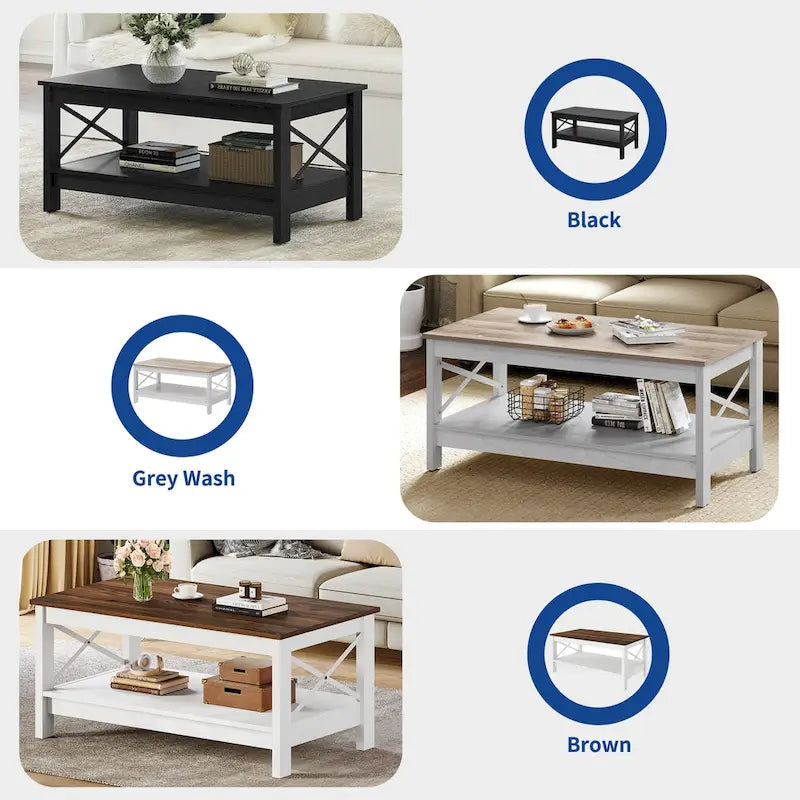 Farmhouse Wood Accent Coffee Table with Large Storage Shelf