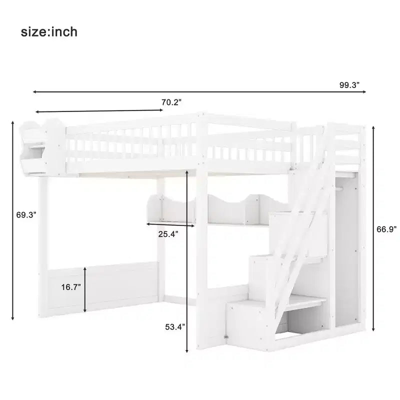 Queen Loft Bed Frame with Staircase, Wardrobe & Storage Shelves - MDF, 650 lb