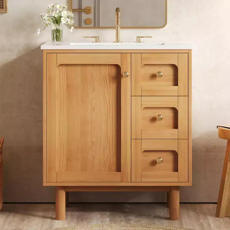 JVNOXK 30-inch Rustic Modern Ceramic Vanity Cabinet with 3 Drawers and 1 Large Soft-Close Door, Storage Cabinet, Natural Wood Grain