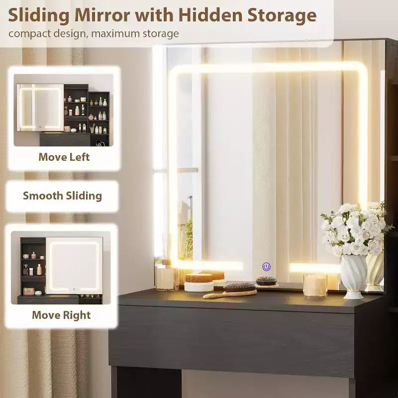 DobleePy Modern Vanity Desk with Sliding Mirror & LED Lights, 4 Drawers, 7 Shelves, Charging Station & Stool, Makeup Dressing Table for Bedroom