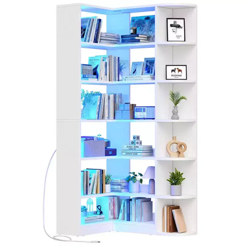 6 Tier Bookshelf with LED Light 70.8inch Modern Bookcase, L-Shaped Bookcase Corner shelf Storage Organizer Display Shelf