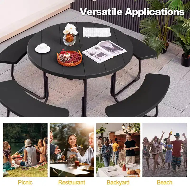 Costway Outdoor 8-person Round Picnic Table Bench Set with 4 Benches & Umbrella Hole Black/Grey/Green/White