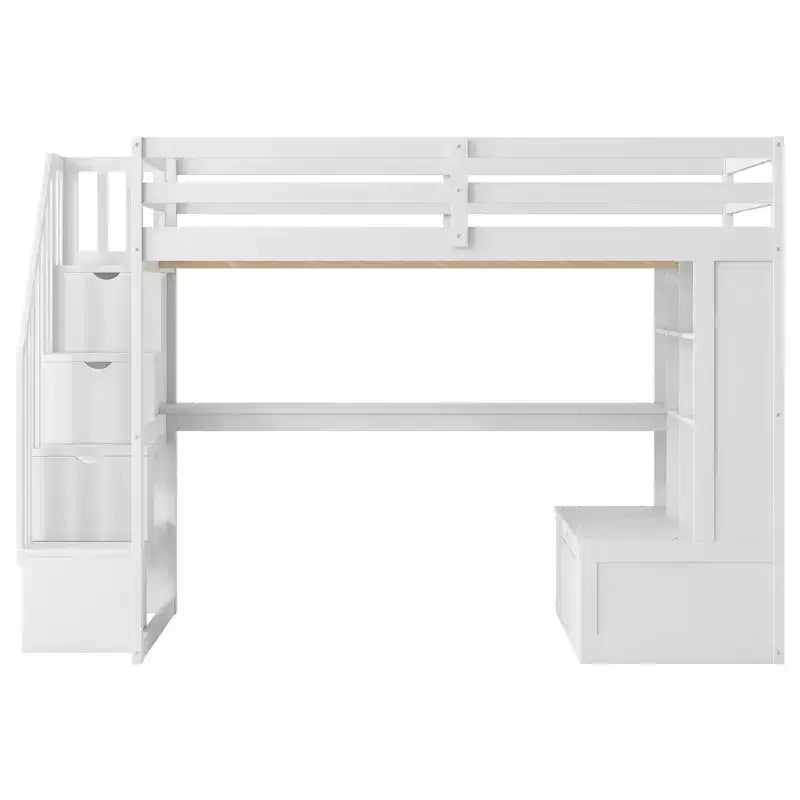 Full Size Loft Bed with Stairs and Desk, Wood Loft Beds Frame with Storage Drawers and Bookcase Shelves for Adults Teens Kids