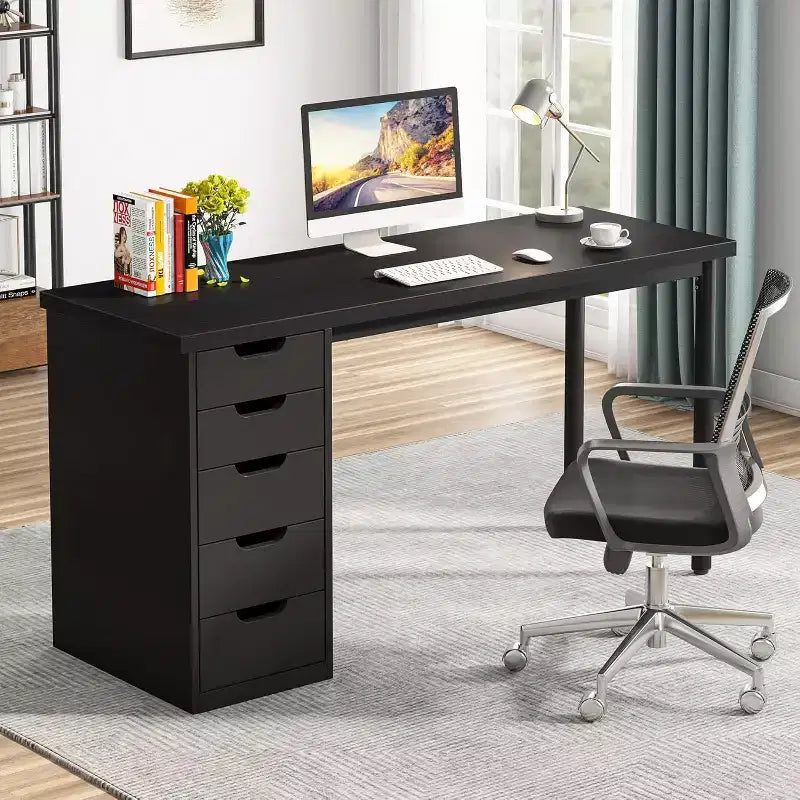 Lantine Computer Desk with 5 Drawers, 47 inches Modern Simple Home Office Desk Study Writing Table for Small Spaces