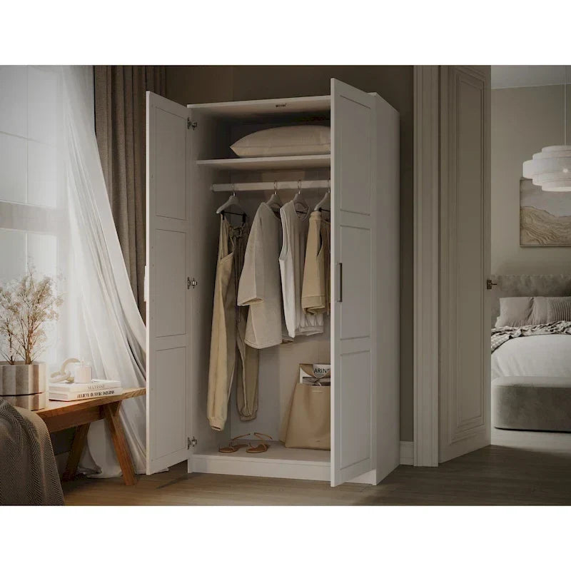 100% Solid Wood 2-Door Urban Wardrobe Armoire with Solid and Mirrored Doors
