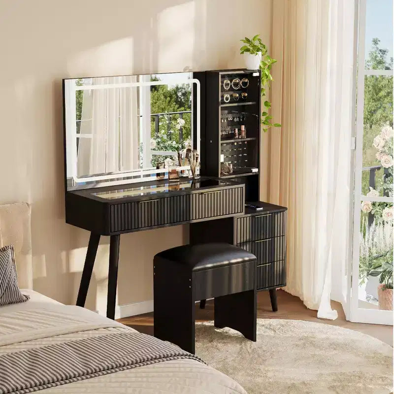 Coiffeuse cannelée de 122 cm avec miroir et lumières LED, station de charge, tabouret de rangement rembourré pour chambre à coucher