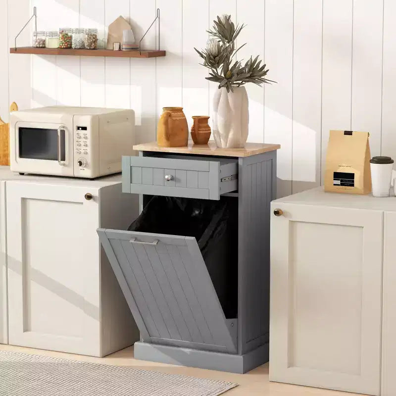 HOMCOM Kitchen Tilt Out Trash Bin Cabinet Free Standing Recycling Cabinet Trash Can Holder With Drawer