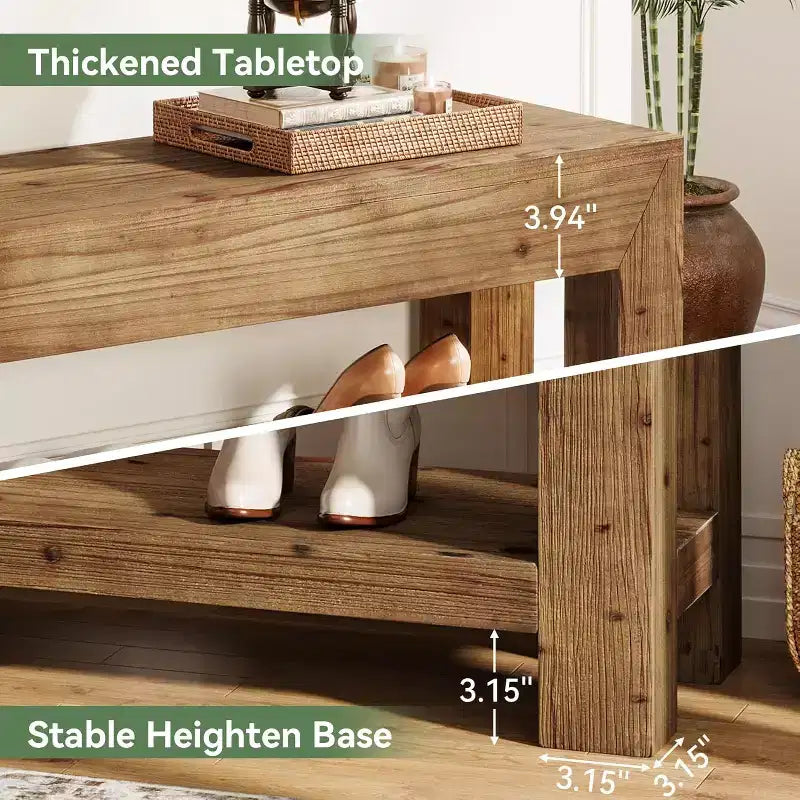 47.24 Solid Wood Entryway Bench with Open Shelves, Rustic Brown