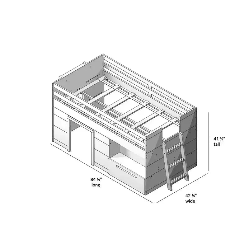 Max & Lily Modern Farmhouse Low Loft Bed with Storage Drawer, Solid Wood Bed for Kids