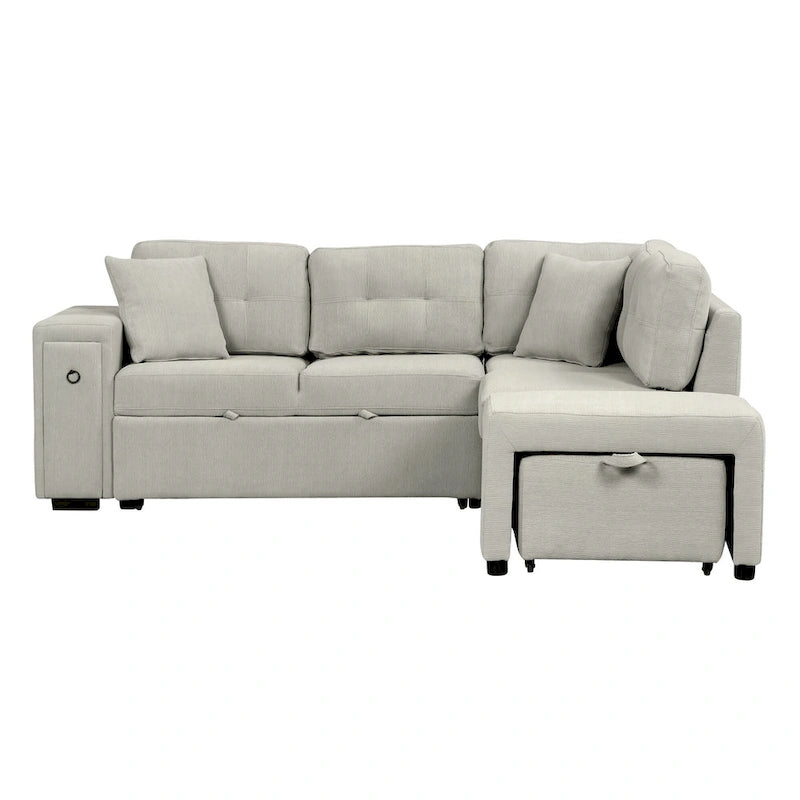Canapé d'angle 4 places avec lit gigogne, pouf, ports USB et tablette rabattable