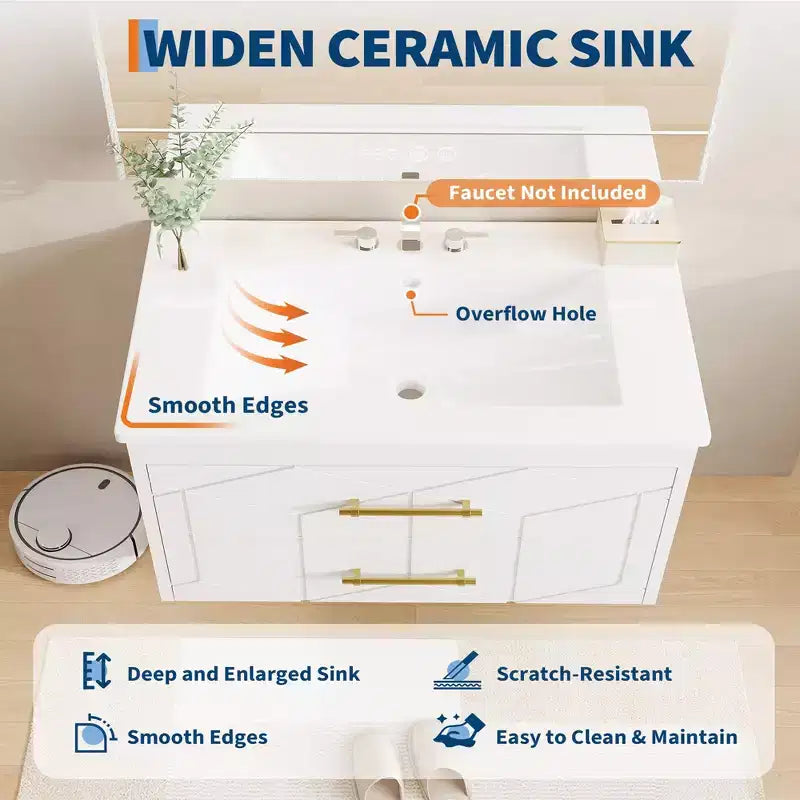 Modern Floating Bathroom Vanity Set with Basin - Wall-Mounted Cabinet with Soft-Close Storage Drawer and Gold Handle, 24 or 30 Size