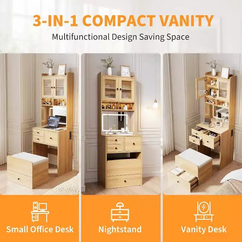 3-in-1 Makeup Vanity Desk with Lighted Mirror, Compact Vanity Table with Drawers, Storage Compartment & Rolling Stool for Bedroom