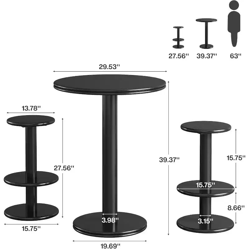 Ensemble table de bar ronde Lantine de 99,06 cm de haut, table de bistrot moderne noire avec 2 tabourets de bar pour cuisine, salon, appartement