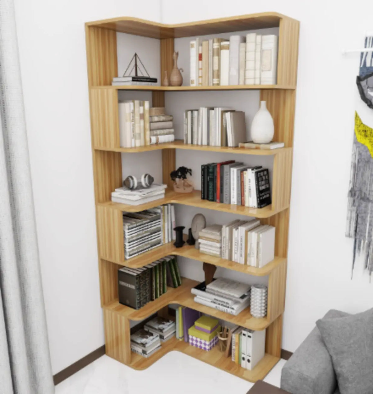 Manufactured Wood Corner Bookshelf with 6 Shelves