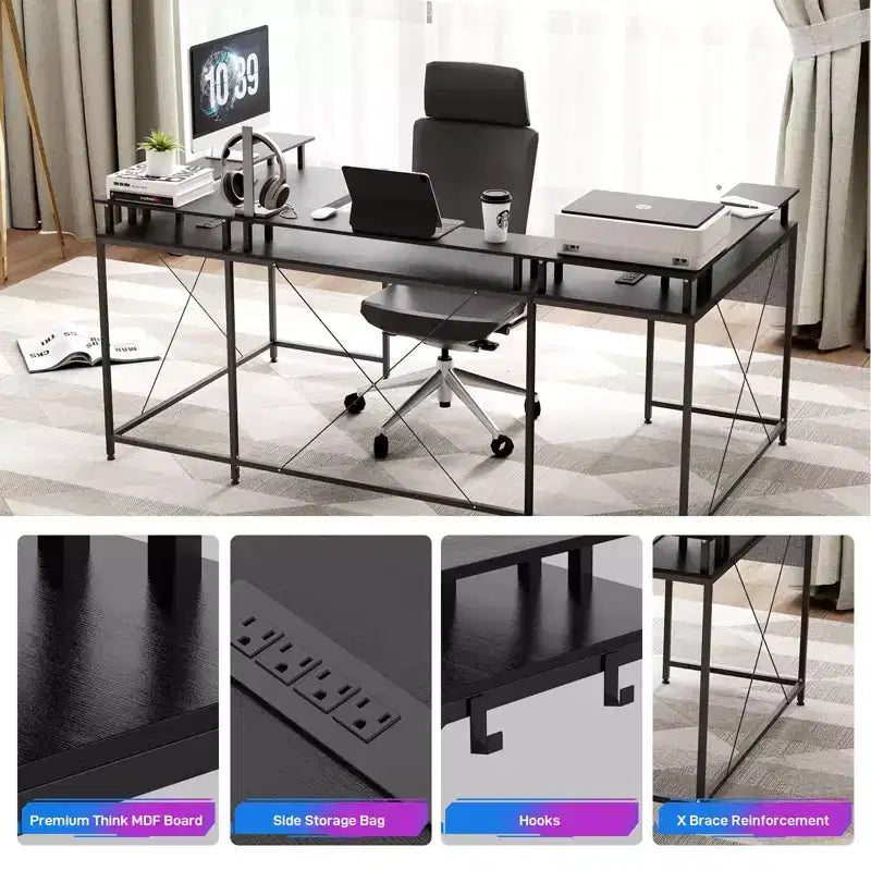 COZONY 78 U/L Shaped Gaming Desk, Reversible Computer Desk with Power Outlets, LED Lights, Monitor Stand & Storage Shelf, Corner Desk for Home Office