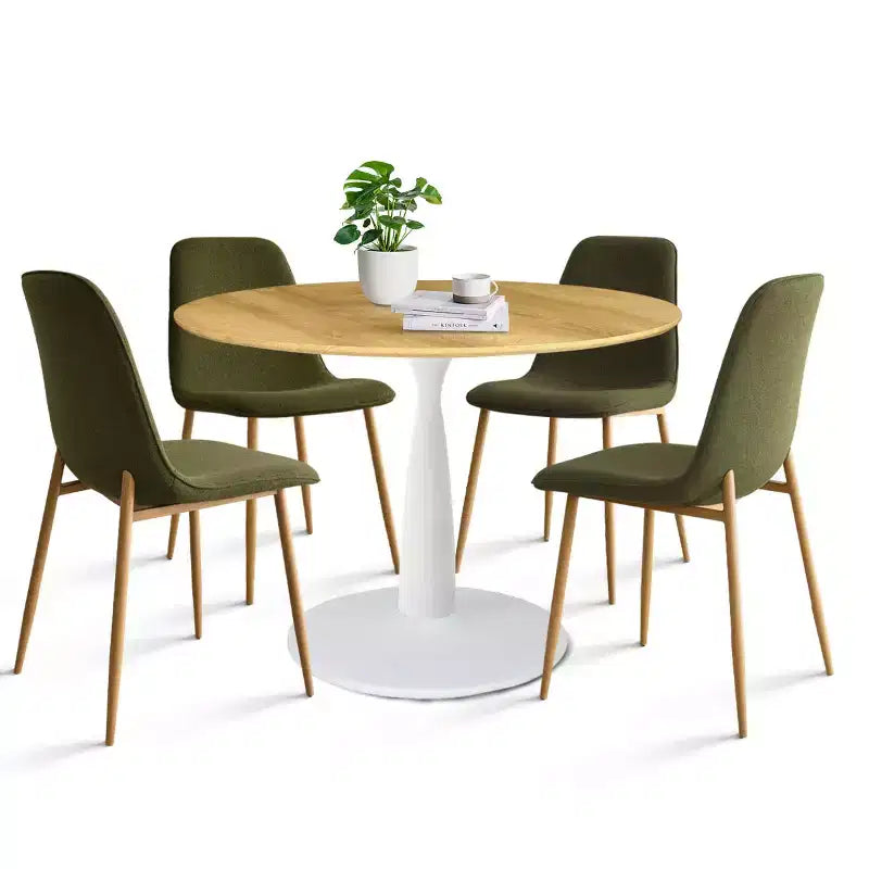 5-Piece Round Dining Set, 37 Pedestal Table with Wood-Look Top and Upholstered Curved Chairs, Modern Style-Panipeachy