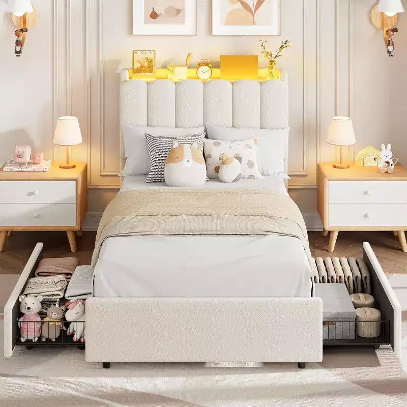 Bed frame with storage headboard, childrens bed frame with 2 drawers, fabric upholstered platform bed, contoured headboard with bookshelf