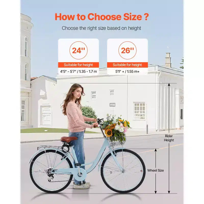 VEVOR Cruiser Bike, 7-Speed, 26-Inch Light Blue Beach Cruiser Bike with Large Capacity Basket and Rear Rack, Secure & Sturdy Cruiser Bike,Light Blue