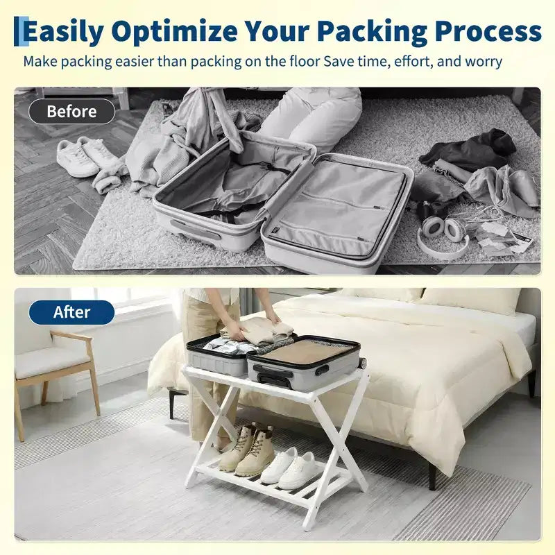 2-Pack Folding Bamboo Luggage Rack with 2-Tier Shelf  Premium White Suitcase Stand Holds 150 lb for Bedrooms & Hotels
