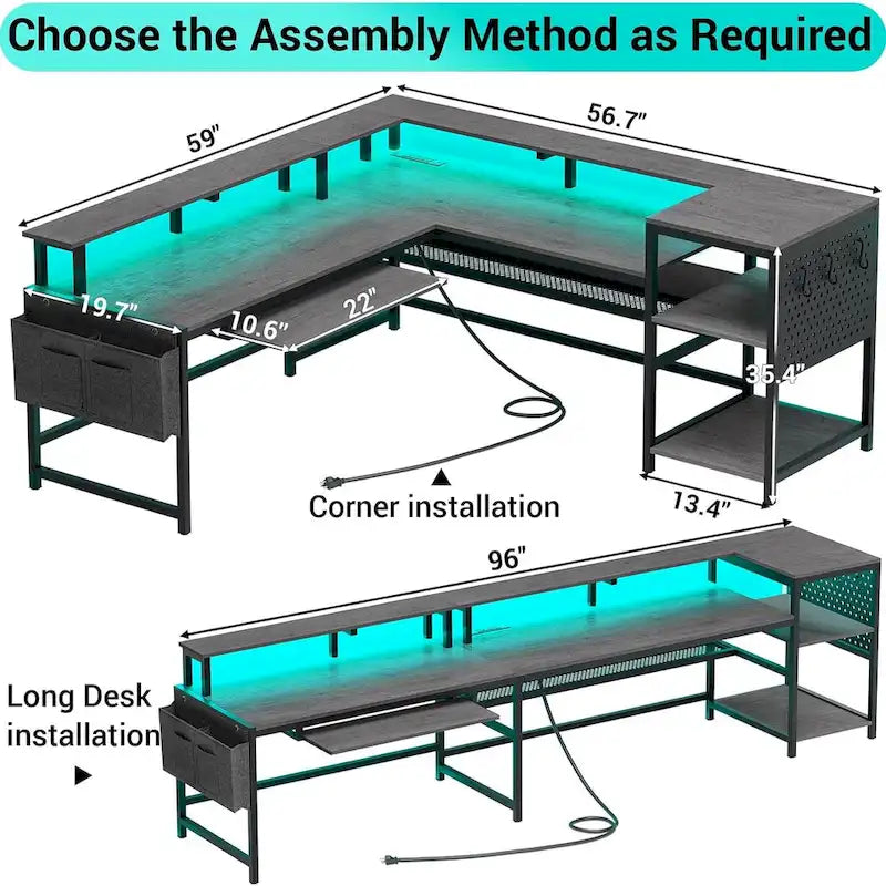 L Shaped Computer Desk Gaming Desk Keyboard Tray Power Outlets & LED