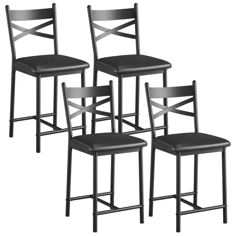Bar Stools Set of 4, PU Upholstered Bar Chairs, Kitchen Island Chairs with X-Shaped Backrest and Metal Footrest, Black Counter Height Chairs