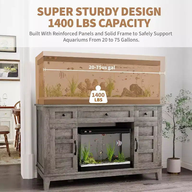 Farmhouse 55-75 Gallon Fish Tank Stand, Aquarium Stand with Power Outlet, 1400LBS Heavy Duty Fish Tank with Stand for Fish/Turtle/Reptile Terrarium
