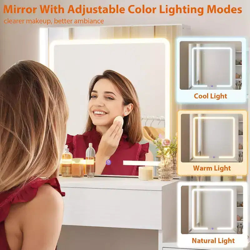 DobleePy Modern Vanity Desk with Sliding Mirror & LED Lights, 4 Drawers, 7 Shelves, Charging Station & Stool, Makeup Dressing Table for Bedroom