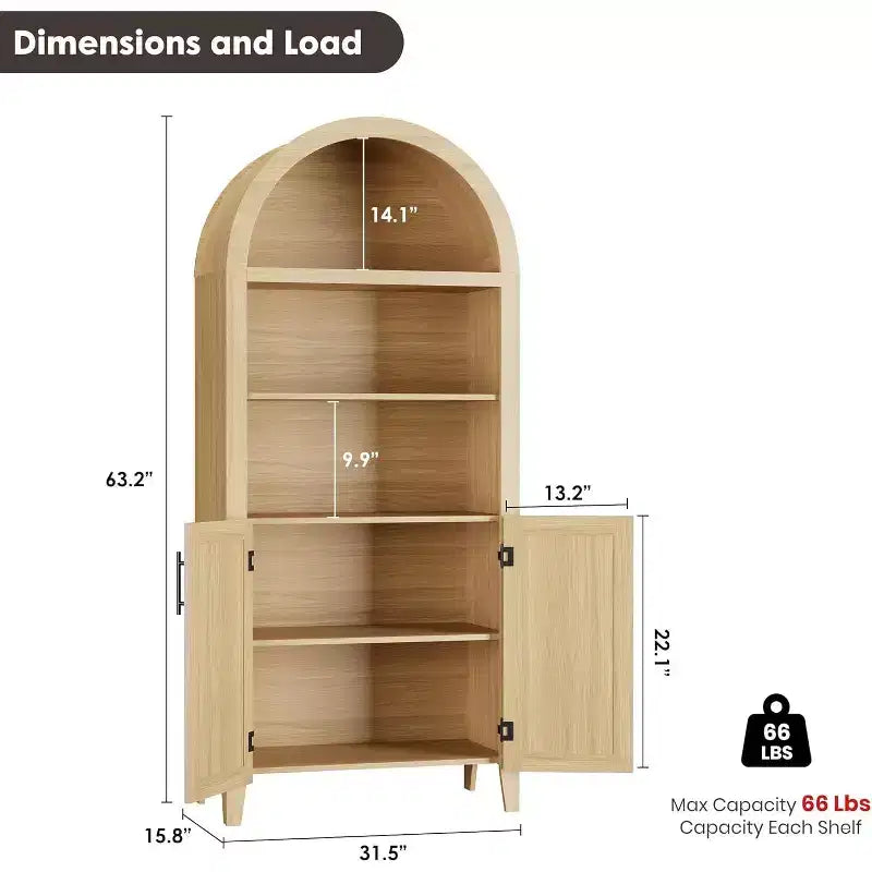 Acekool Arched Pantry Cabinet with Rattan Doors, 5-Tier Farmhouse Storage Cabinet for Kitchen Dining Living Room