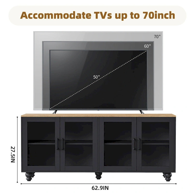 Black + Dark Walnut Farmhouse TV Entertainment Center with Bookshelves & Tempered Glass Doors for TVs Up to 70