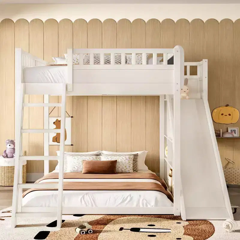 Bellemave Loft Bed with Upholstered Headboard and Storage Shelves,Solid Wood Loft Bed Frame with Ladder and Slide for Kids