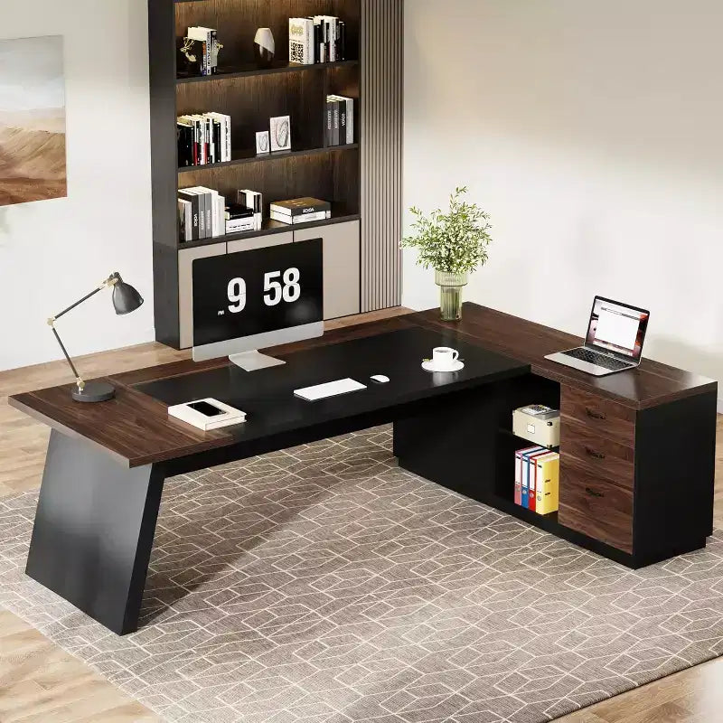 Lantine Modern 78 L-Shaped Executive Desk with Drawers and Lateral File Cabinet