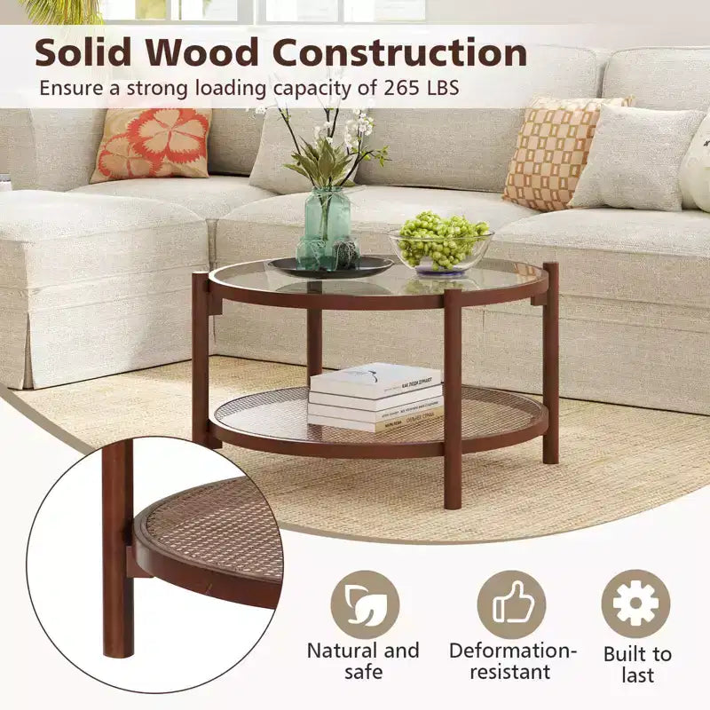 31 Round Coffee Table with Tempered Glass Top & Rattan Shelf