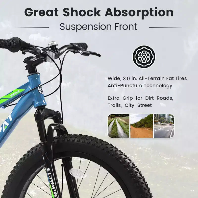 Okak 24IN Fat Tire Bike with Front Suspension, 7-Speed Mountain Bike with Disc Brake and High-Carbon Steel Frame, Trail Bike for Commuting