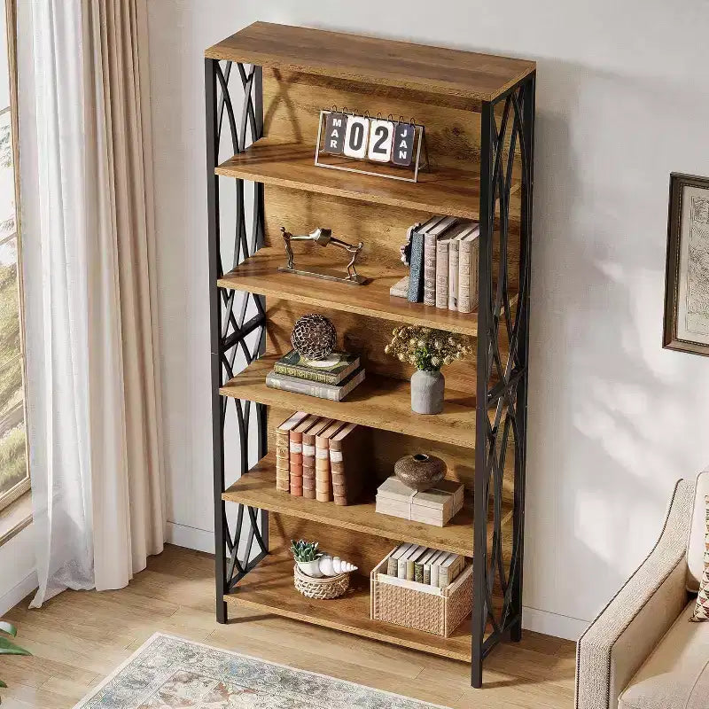 Lantine 70.87 Industrial Bookshelf, 6-Tier Bookcase with Geometric Metal Frame & Open Storage Shelves for Home Office, Living Room, Brown