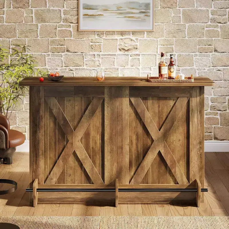Lantine 63-Inch Bar Table, 2-Tier Bar Cabinet Height Pub Table with Footrest for Home Kitchen, Bistro, Dining Room, Living Room, Brown