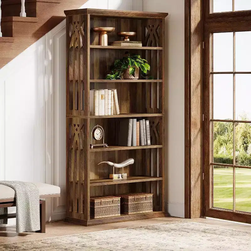 6-Tier Wood Bookshelf, 75-Inch Tall Bookcase, Large Freestanding Display Shelves