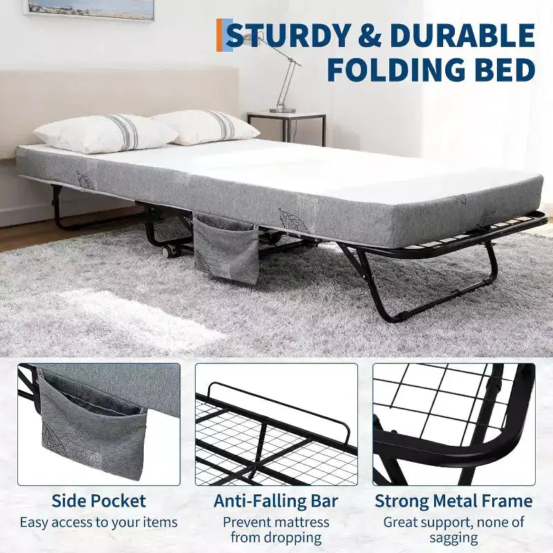 Lit pliant avec matelas pour adultes, lits d'appoint portables, lit pliant avec cadre en métal, matelas en mousse à mémoire de forme 5 et poche de rangement latérale