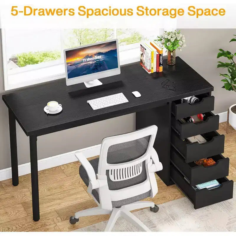Lantine Computer Desk with 5 Drawers, 47 inches Modern Simple Home Office Desk Study Writing Table for Small Spaces