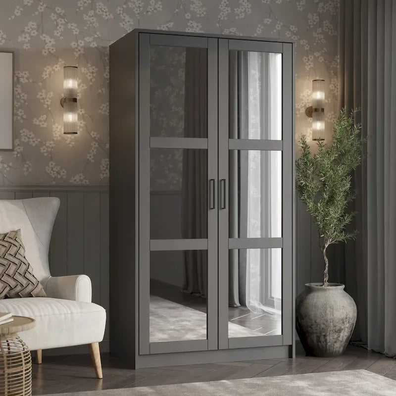 100% Solid Wood 2-Door Urban Wardrobe Armoire with Solid and Mirrored Doors