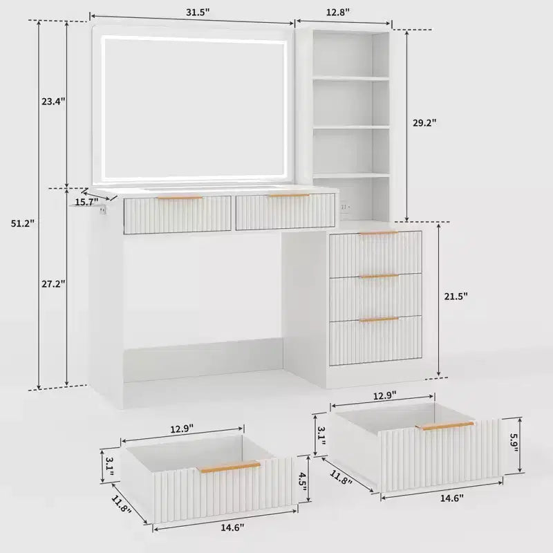 Makeup Vanity Desk with Lighted Mirror & Charging Station, 3-Color Dimmable Touch, 5 Drawers & Glass Top, Modern Bedroom Dressing Table