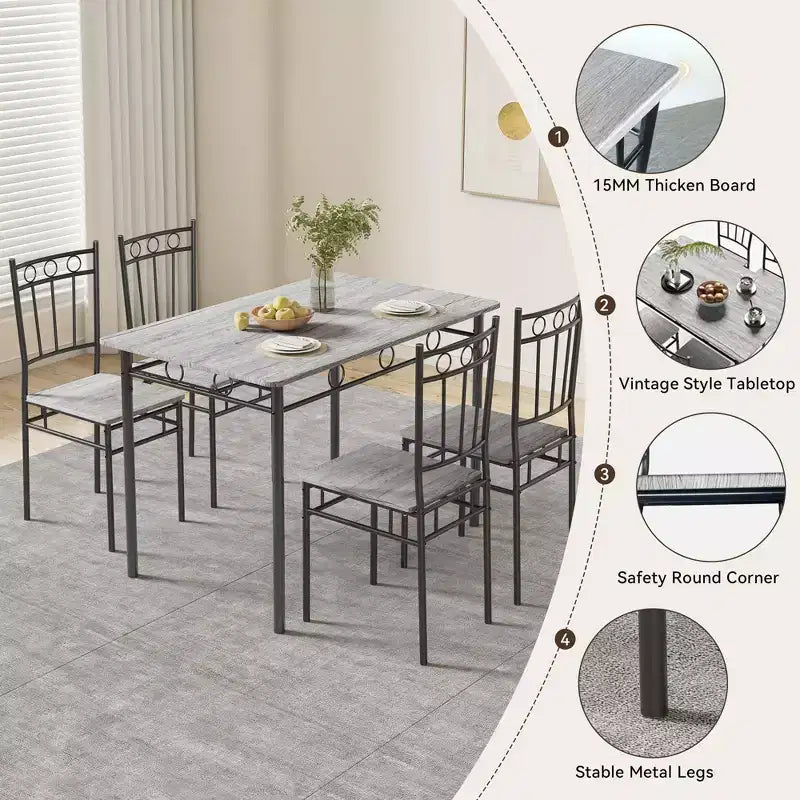 Dyonery Rectangular Dining Table Set for 4,5-Piece Kitchen Table and 4 Chairs,Dining Room Table Set,Space-Saving Kitchen Table Set for Small Space